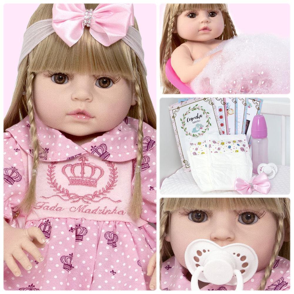 Boneca Bebe Reborn Cm Original Corpo Silicone Loira Princesa Ursinho