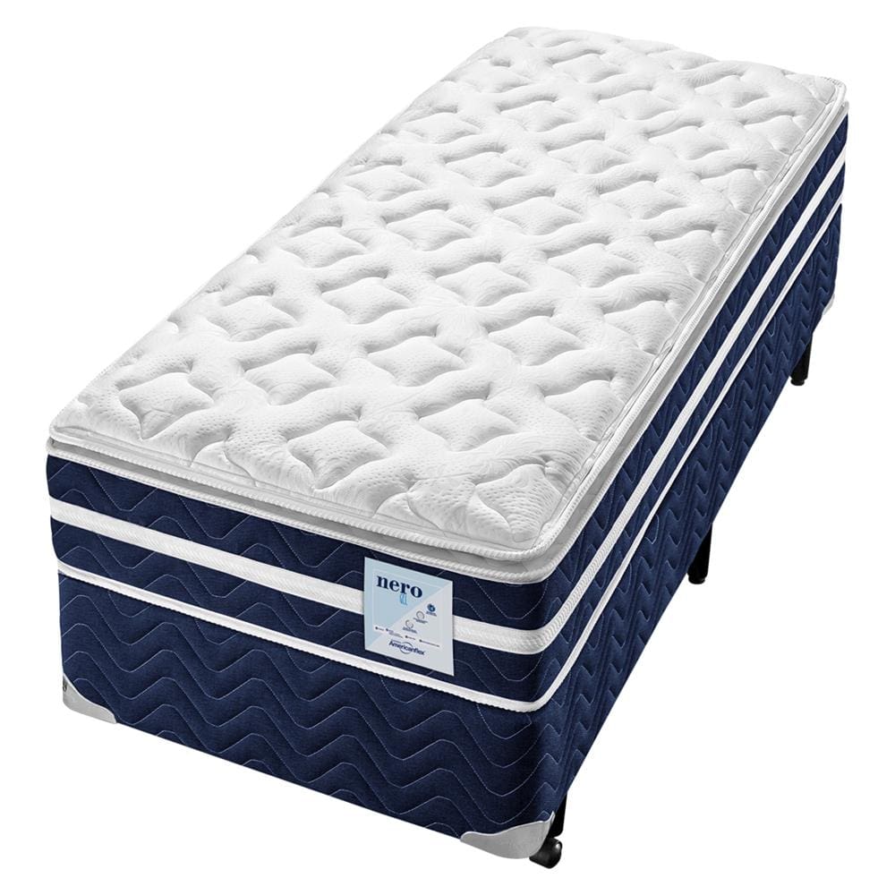 Cama Box Solteiro Americanflex Nero + Colchão Solteiro Americanflex Nero Gel com Pillow Top e Molas Ensacadas 67x100x200 cm – Azul/Branco