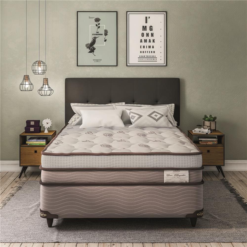 Cama Box Casal + Colchão Ortobom New Magestic com Molas Ensacadas  68x138x188 cm - Marrom/Cinza | Extra