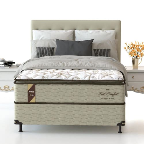 Cama Box de Casal Probel Fort Comfort com Pillow Top e Molas Prolastic 72x138x188cm - Branco/Bege