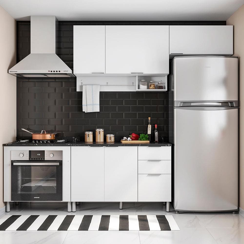 Cozinha Compacta Bartira Rubi com 5 Portas, 3 Gavetas e 3 Prateleiras - 202,2cm de largura