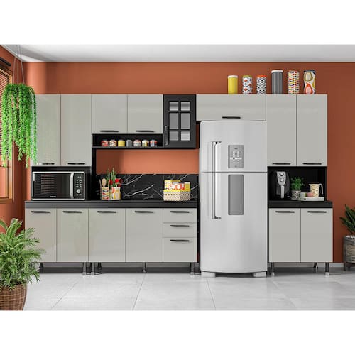 Cozinha Completa Indekes Provence com 15 Portas, 2 Gavetas e 4 Prateleiras - 340cm de largura - Chumbo/Off White