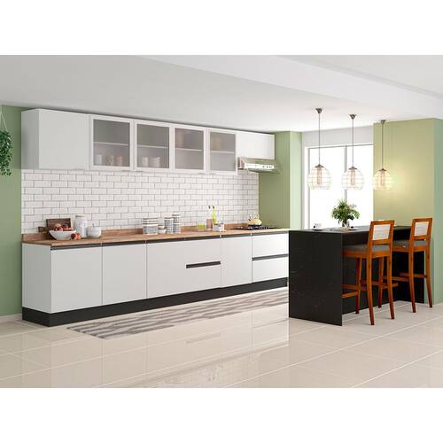 Cozinha Completa Bartira Línea com 13 Portas, 8 Gavetas, 7 Prateleiras e Bancada Gourmet - 380cm de largura - Branco Menor preço em Cozinha Completa Bartira Línea com 13 Portas, 8 Gavetas, 7 Prateleiras e Bancada Gourmet - 380cm de largura - Branco
