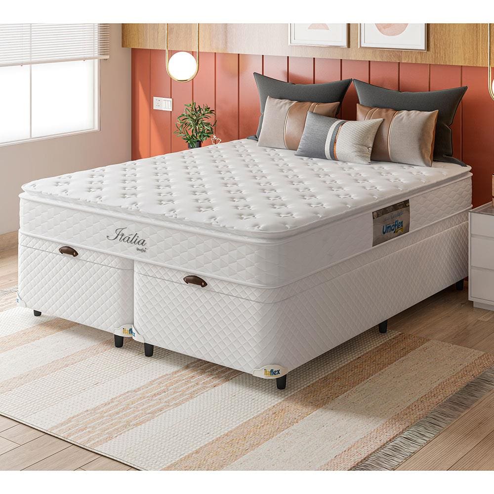 Cama Box Queen Size com Colchão Umaflex Itália e Base Itaflex Universal com Pillow Top, Molas Ensacadas e Baú - Branco