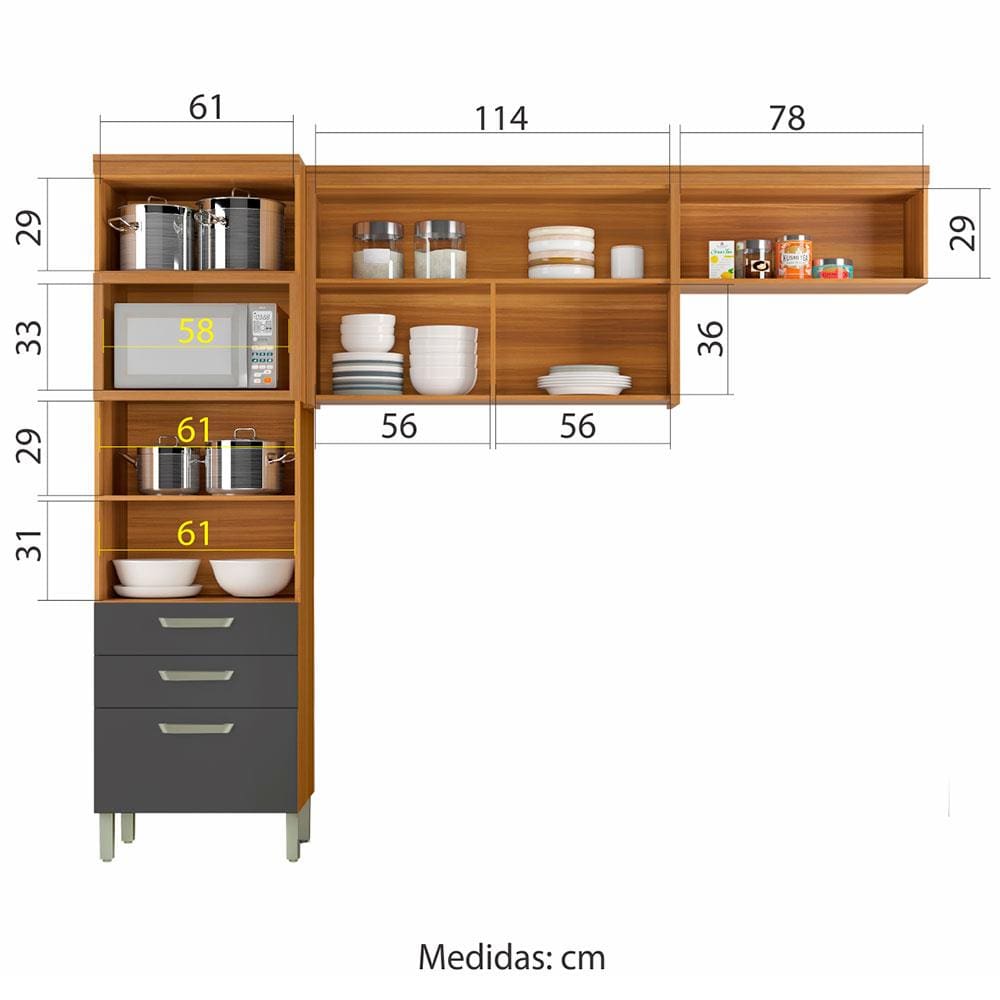 Cozinha Compacta Nesher Princesa com 4 Portas, 3 Gavetas | Extra