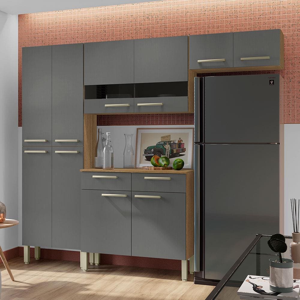 Cozinha Compacta Kit's Paraná Nala com 10 Portas, 2 Gavetas e 4 Prateleiras - 222cm de largura