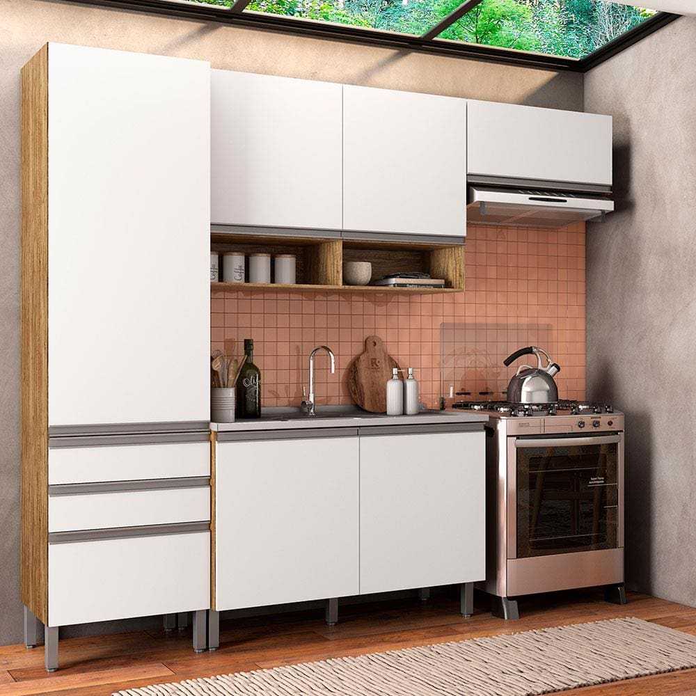 Cozinha Compacta Bartira Jaspe com 1 Pia, 6 Portas, 3 Gavetas e 6 Prateleiras - 260,4 cm de Largura