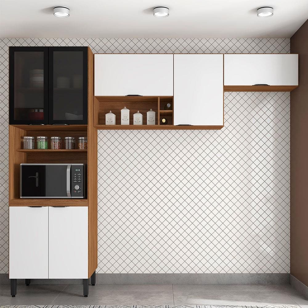 Cozinha Compacta Demóbile Firenze com 7 Portas, 6 Prateleiras e Nicho para Micro-ondas - 260cm de largura - Amêndola/Branco