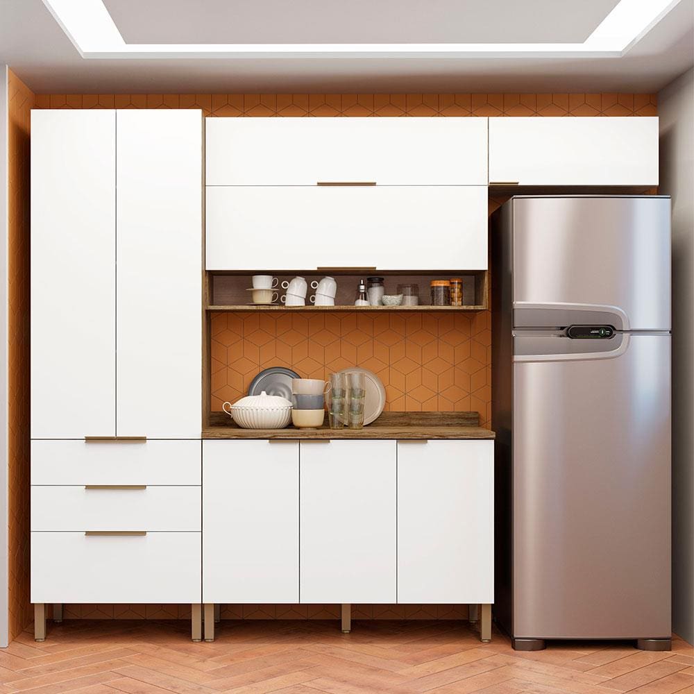 Cozinha Compacta Bartira Topázio UP com 8 Portas, 3 Gavetas e 5 Prateleiras - 262,5cm de largura