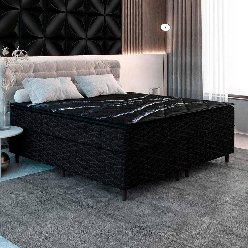 Cama Box Queen Size Umaflex New Itália Black com Molas Ensacadas, Revestimento em Jacquard e Pillow Top D26 63x158x198cm - Preto