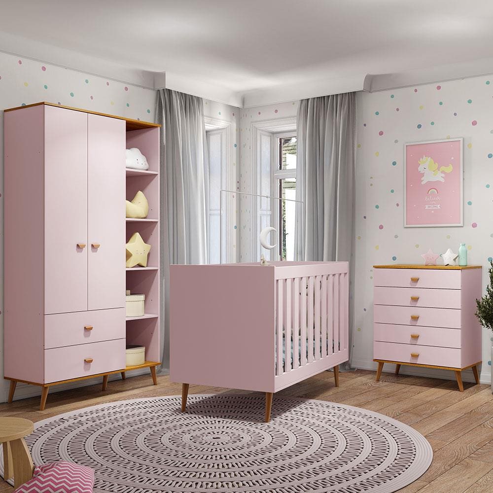 Guarda-Roupa Bartira Ternura com 5 Nichos, 2 Portas, 2 Gavetas + Cômoda Ternura com 5 Gavetas + Berço Móveis Estrela Ternura