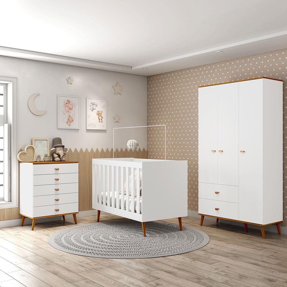 Guarda-Roupa Bartira Ternura com 3 Portas, 2 Gavetas + Cômoda Ternura com 5 Gavetas + Berço Móveis Estrela Ternura