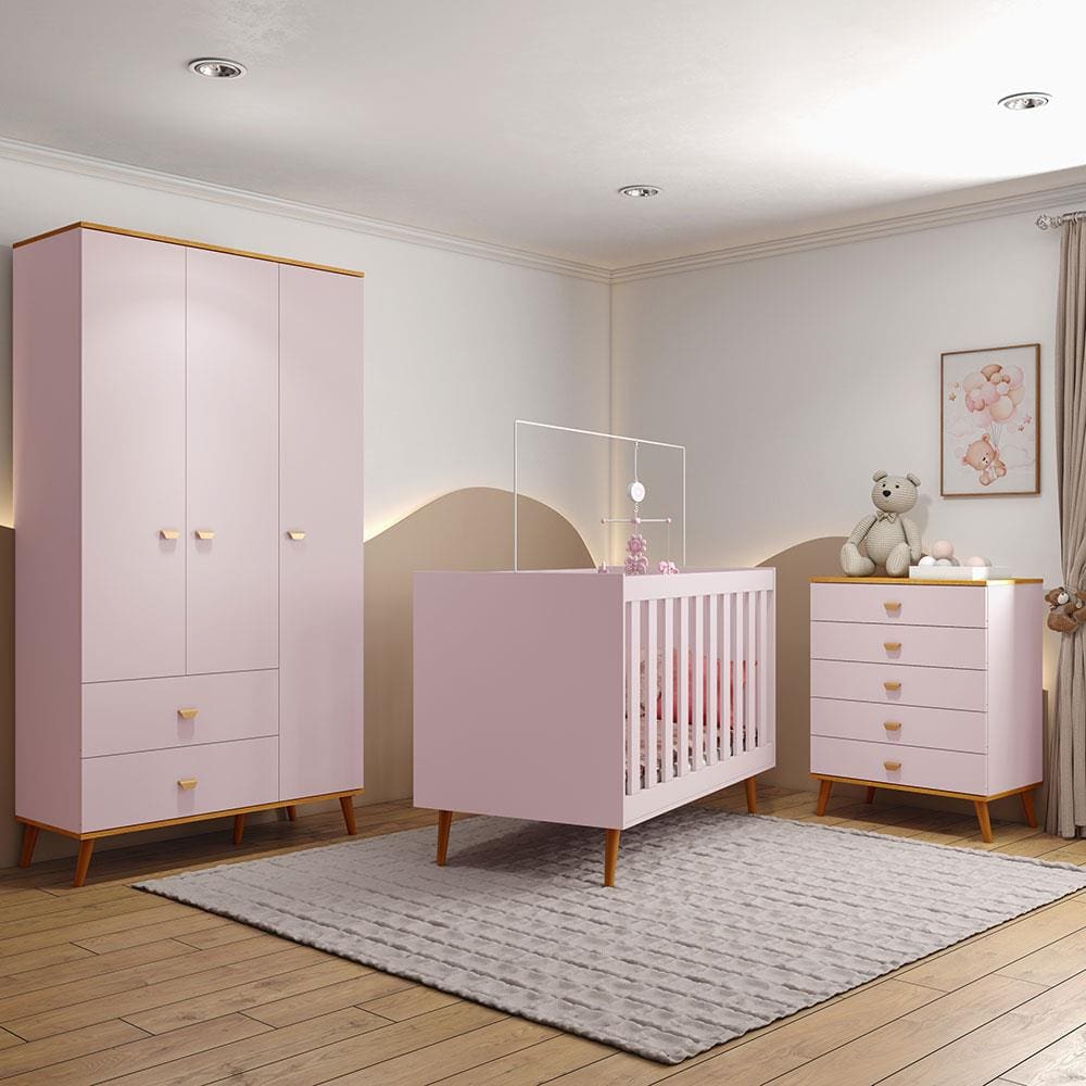 Guarda-Roupa Bartira Ternura com 3 Portas, 2 Gavetas + Cômoda Ternura com 5 Gavetas + Berço Móveis Estrela Ternura