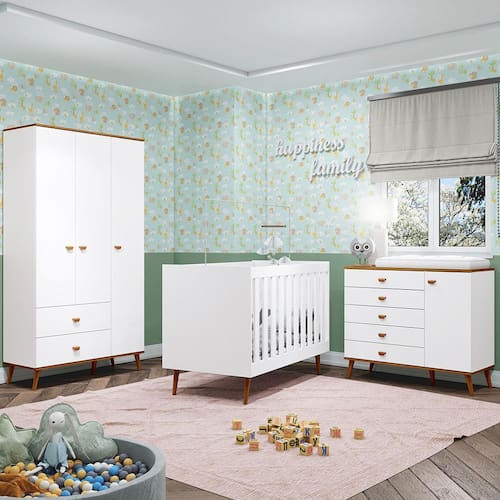 Menor preço em Guarda-Roupa Bartira Ternura com 3 Portas, 2 Gavetas + Cômoda Ternura com 5 Gavetas e 1 Porta + Berço Mini Cama Móveis Estrela Ternura - Branco Wood