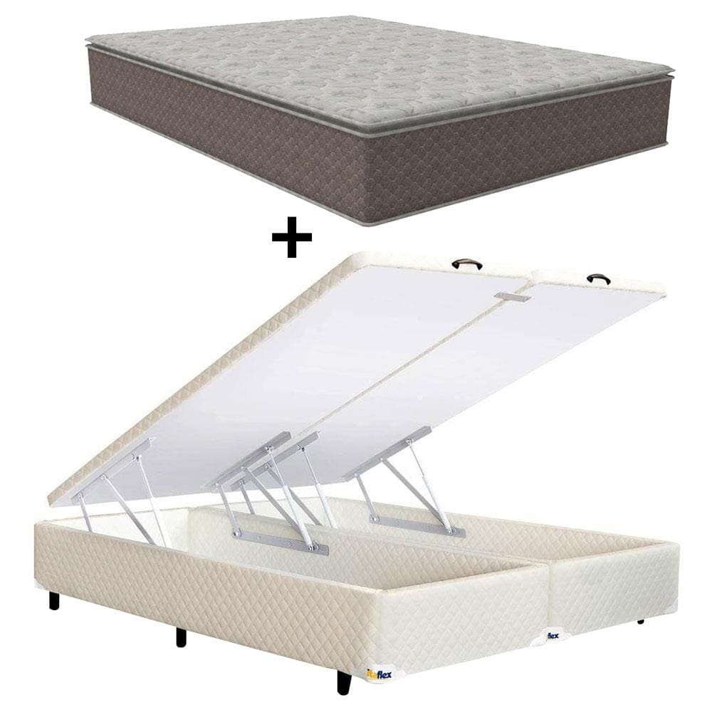 Colchão Queen Size Umaflex Berlim com Pillow Top e Molas Ensacadas + Base Box Itaflex Universal com Baú 70,5x158x198cm - Castor/Branco/Bege