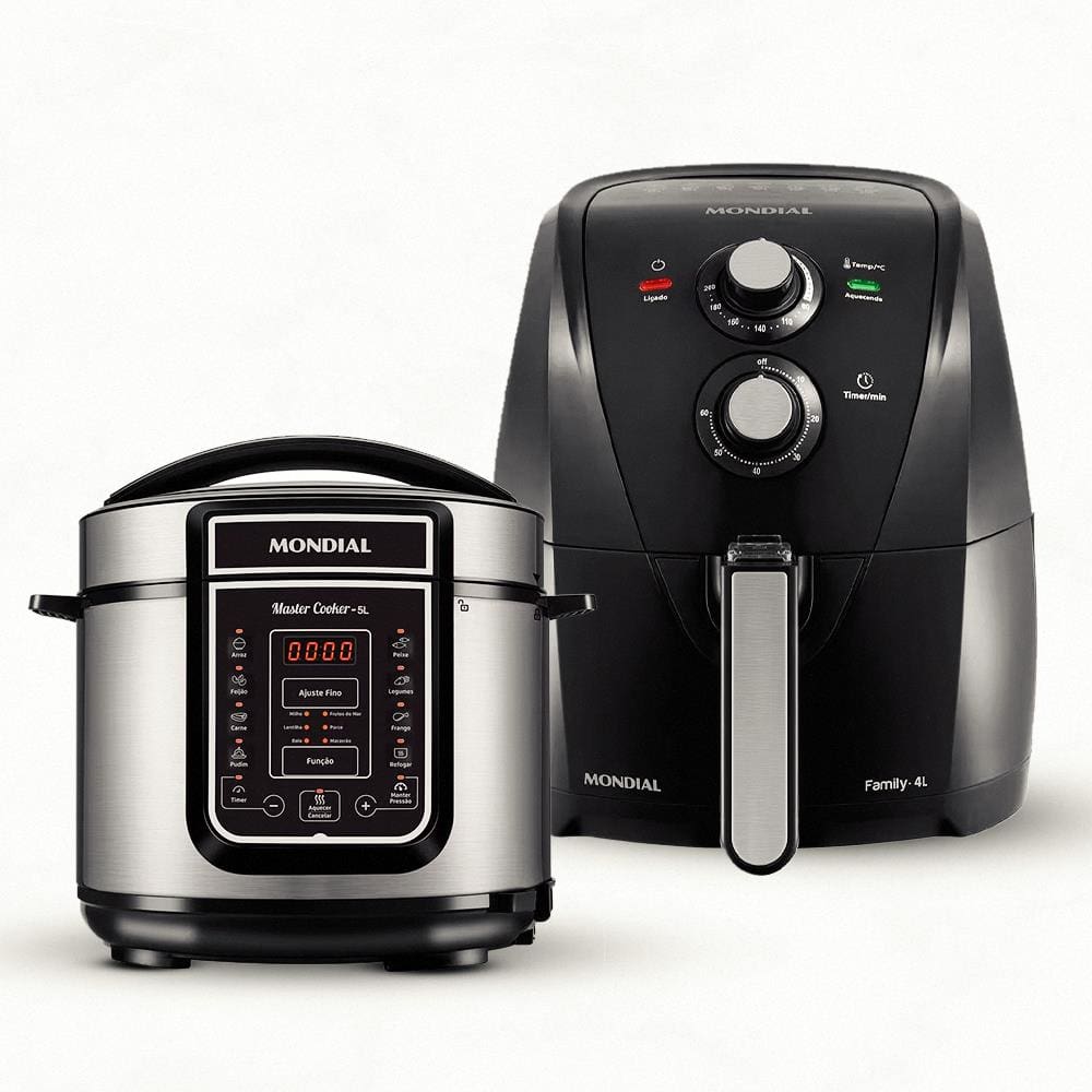 Fritadeira Elétrica Sem Óleo Air Fryer Mondial Family AFN40FB 4 L – Preta + Panela Elétrica de Pressão Digital Master Cooker PE-38 5L – Preta