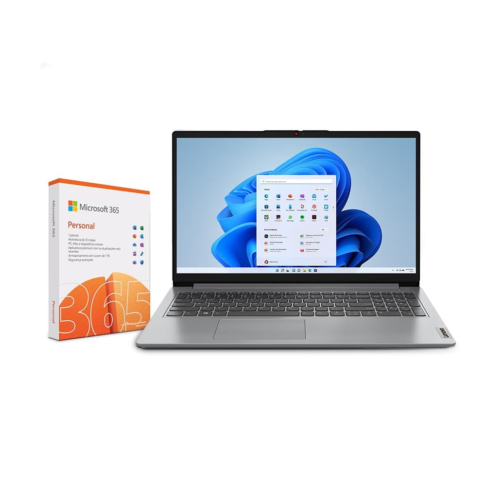 Notebook Lenovo IdeaPad 1 com processador Intel Core i3 4GB 256GB SSD Tela 15.6" Intel UHD Graphics e Câmera 720p + Microsoft 365 Personal 1TB