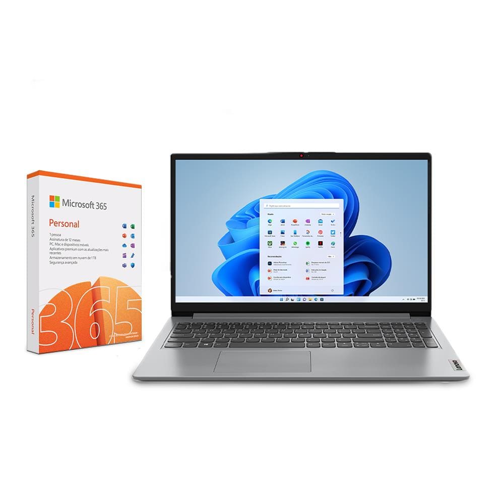 Notebook Lenovo IdeaPad 1 com processador Intel Core i5, 8GB, 512GB SSD, Tela 15.6" e Placa de Vídeo Intel Iris Xe + Microsoft 365 Personal 1TB