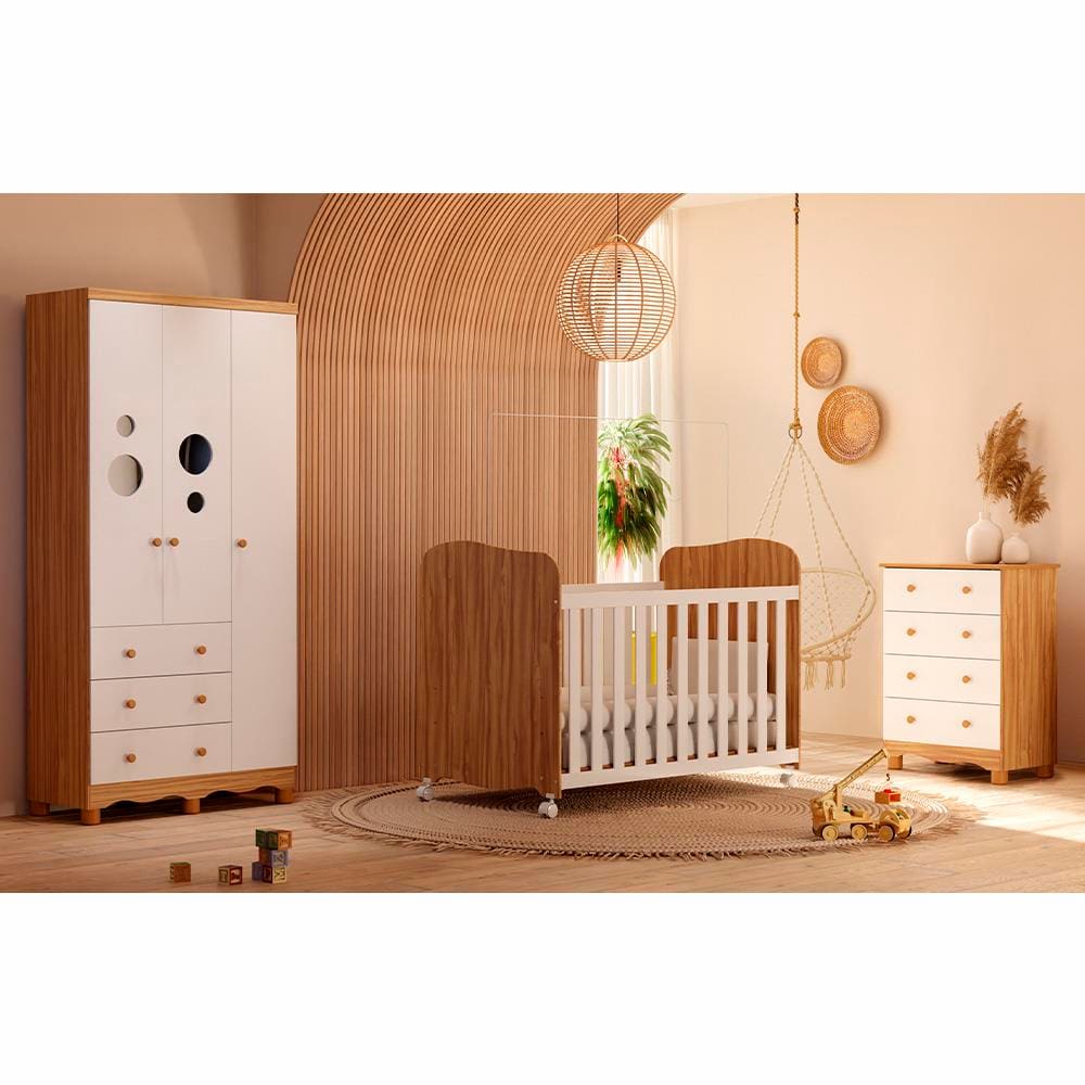 Guarda-Roupa Infantil Peroba Duda Plus com 92 cm de largura + Cômoda com 4 Gavetas e 65,1 cm de largura + Berço Americano