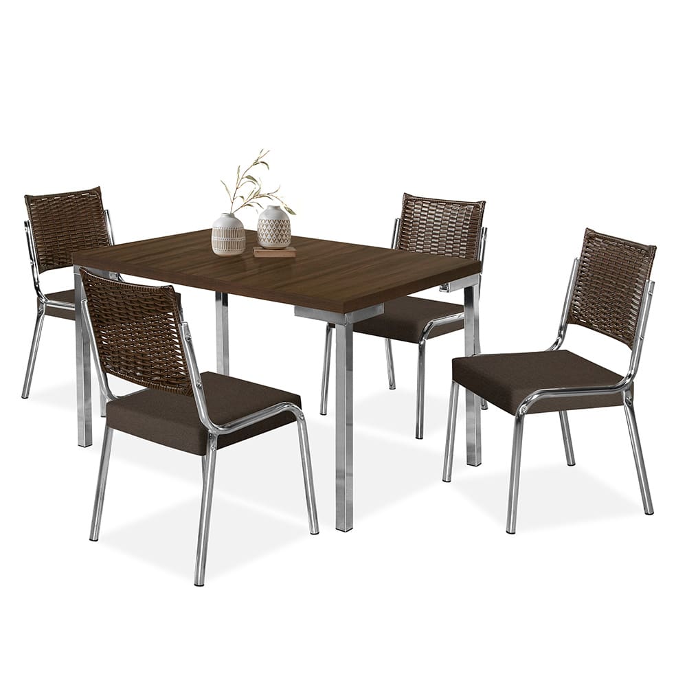 Mesa de Jantar Aço Nobre Kansas com 4 Cadeiras com Assento Estofado Revestido em Suede - Marrom Escuro e Prateada