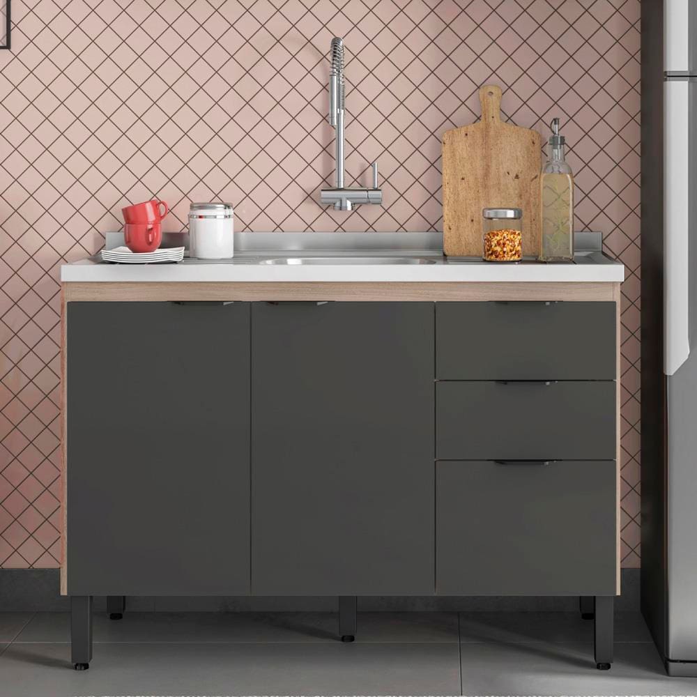 Balcão Demóbile Firenze com 3 Portas, 2 Gavetas e 1 Prateleira + Pia para Cozinha Ghelplus King com Válvula - 120x53cm