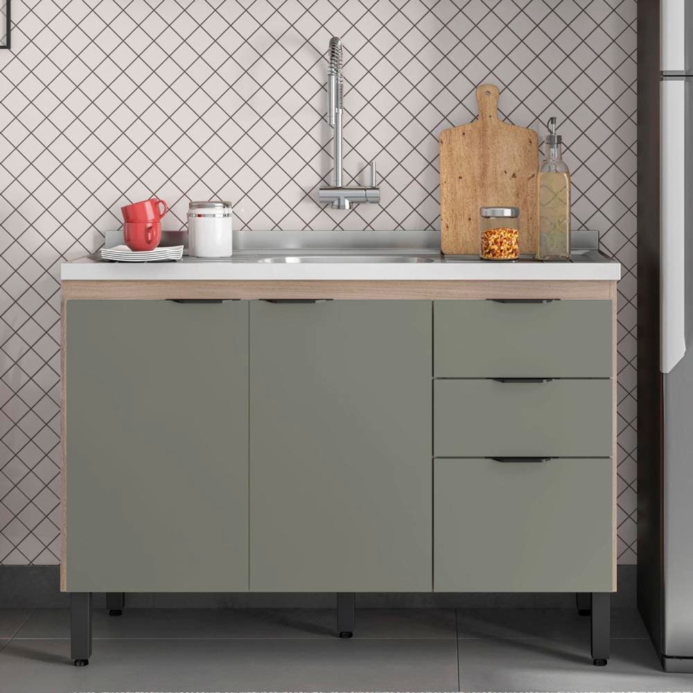 Balcão Demóbile Firenze com 3 Portas, 2 Gavetas e 1 Prateleira + Pia para Cozinha Ghelplus King com Válvula - 120x53cm