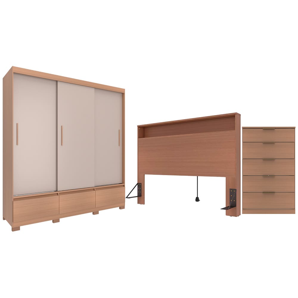 Guarda-Roupa Bartira Monza com 3 Portas de Correr e 3 Gavetas + Cômoda Versatti com 5 Gavetas + Cabeceira para Cama Box Casal Versatti com Tomada