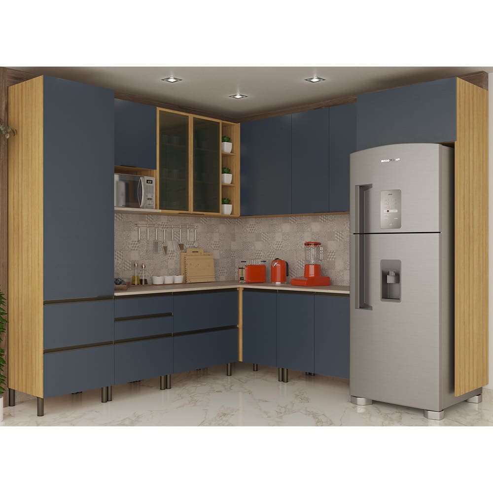 Cozinha Completa Bartira Cristal com 11 Portas, 7 Gavetas, 13 Prateleiras, 3 Nichos e 260cm de largura - Lâmina de Mel/Azul Royal
