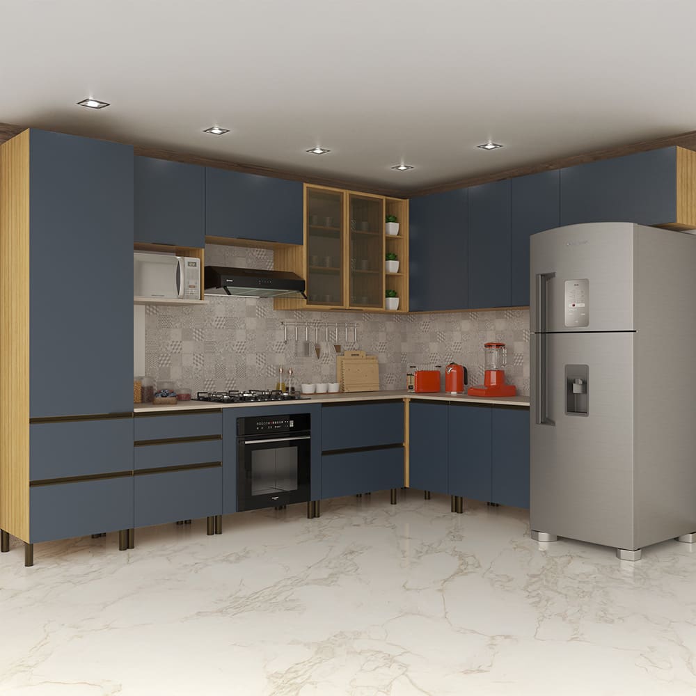 Cozinha Completa de Canto Bartira Cristal com 12 Portas, 7 Gavetas, 13 Prateleiras, 3 Nichos e 340cm de largura - Lâmina Mel/Azul Royal