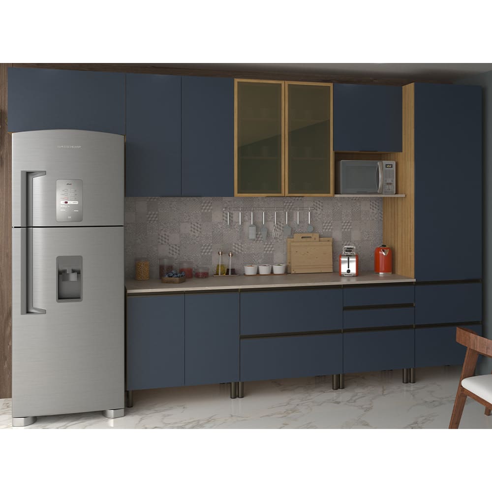Cozinha Completa Bartira Cristal com 9 Portas, 7 Gavetas, 9 Prateleiras e 360cm de largura - Lâmina de Mel/Azul Royal