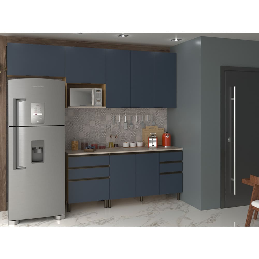 Cozinha Completa Bartira Cristal com 7 Portas, 5 Gavetas, 4 Prateleiras e 260cm de largura - Lâmina de Mel/Azul Royal