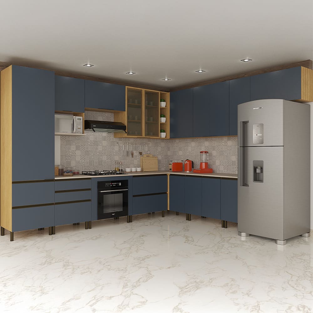 Cozinha Completa Bartira Cristal 13 Portas, 9 Gavetas e 15 Prateleiras com 340cm de largura - Lâmina Mel/Azul Royal