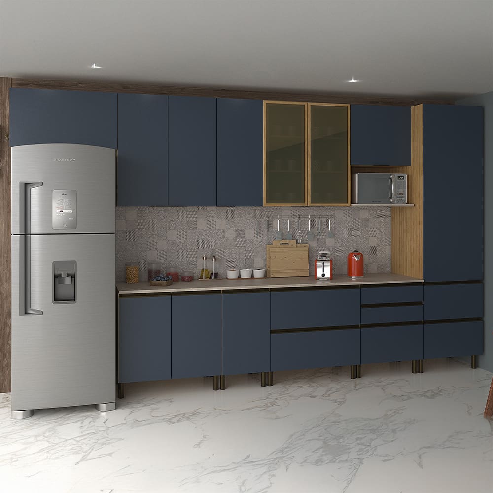 Cozinha Completa Bartira Cristal com 10 Portas, 9 Gavetas e 12 Prateleiras 238cm de largura - Lâmina Mel/Azul Royal