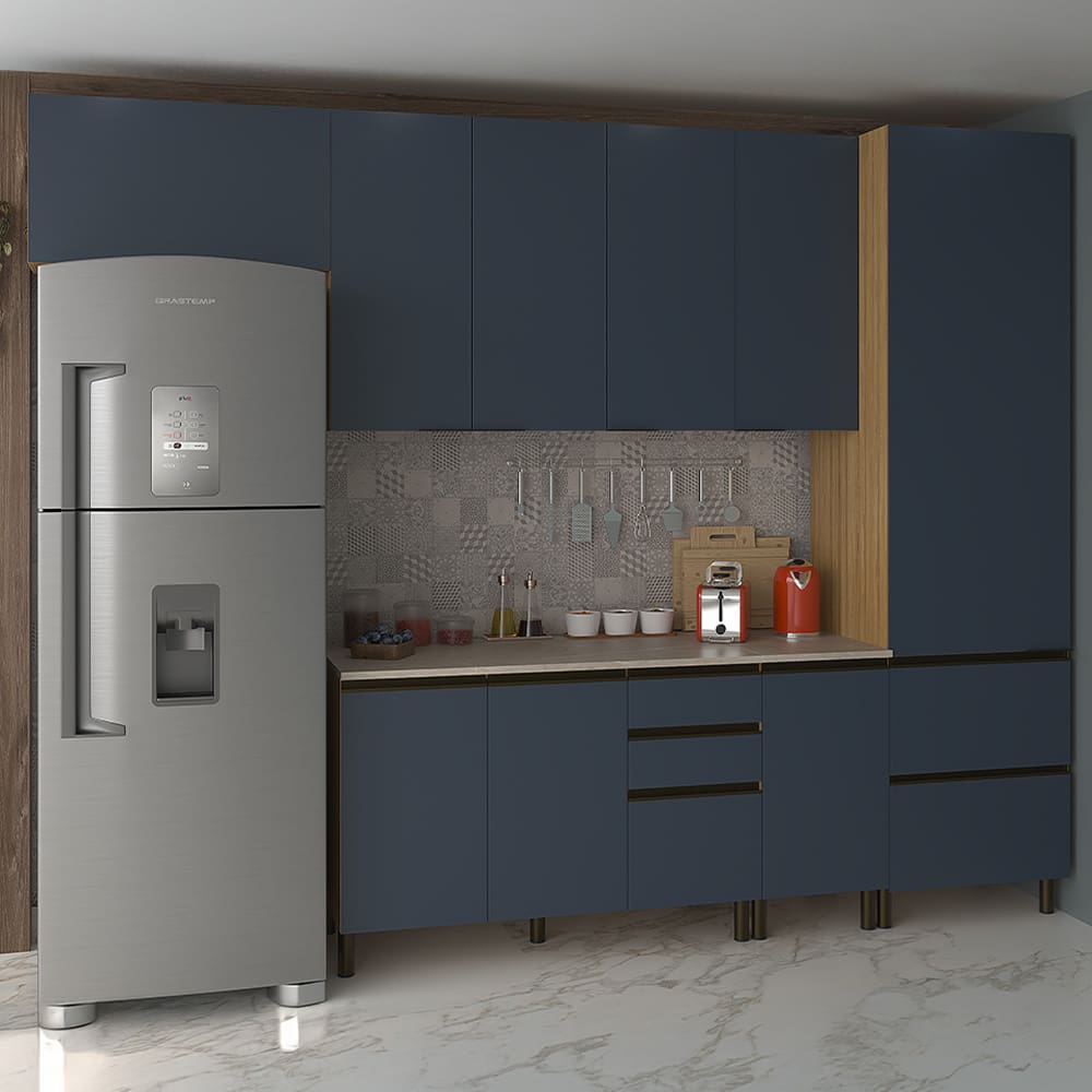 Cozinha Completa Bartira Cristal Tempero com 8 Portas, 7 Gavetas, 9 Prateleiras e 300cm de largura - Lâmina Mel/Azul Royal