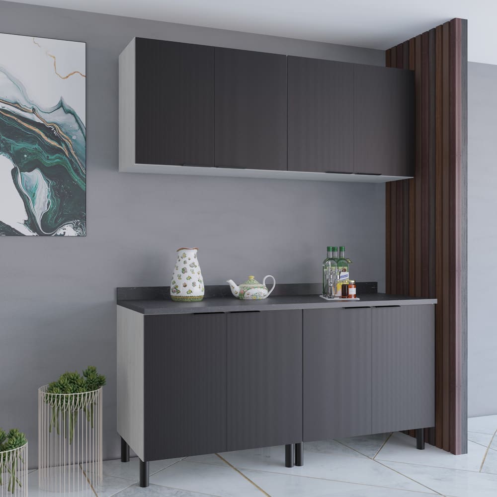 Cozinha Compacta Bartira Rubi com 8 Portas, Balcão Duplo Freixo/Preto Poah - 160cm largura