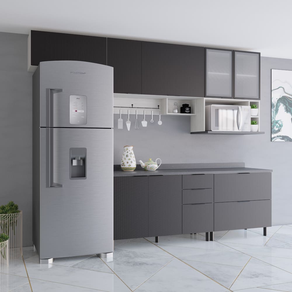 Cozinha Compacta Bartira Rubi com 7 Portas, 4 Prateleiras e 3 Gavetões Freixo/Preto Poah – 360,1 cm Largura