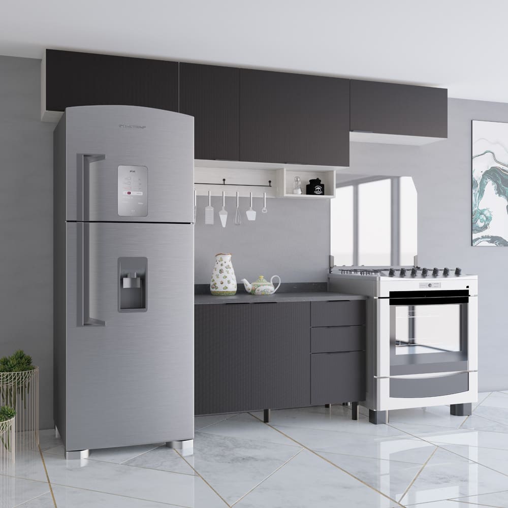 Cozinha Compacta Bartira Rubi com 6 Portas e Balcão Triplo Freixo/Preto Poah - 280cm largura