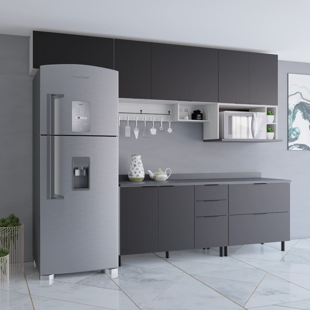 Cozinha Compacta Bartira Rubi com 7 Portas, 4 Prateleiras e 3 Gavetões Freixo/Preto Poah – 360,1cm largura