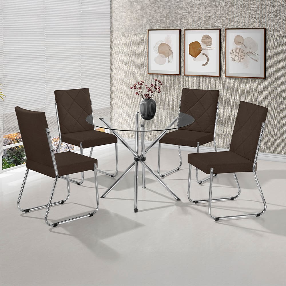 Mesa de Jantar Aço Nobre Leticia Plus com Tampo Kanon e 4 Cadeiras Liz Estofadas Revestidas em Suede