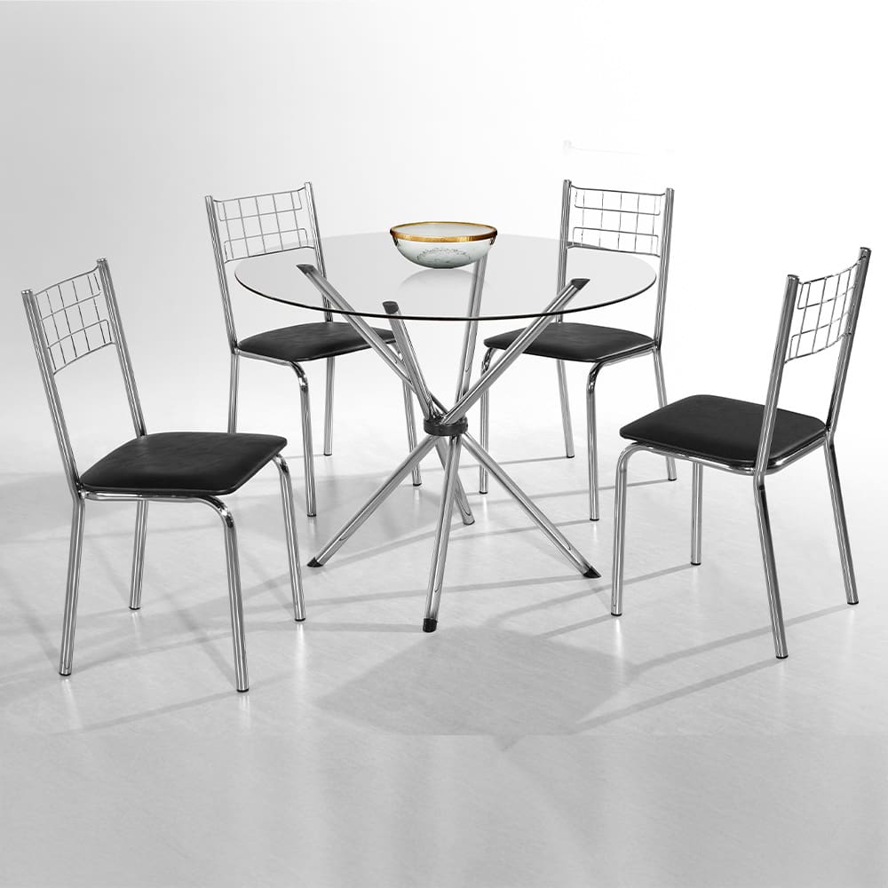 Mesa de Jantar Aço Nobre Leticia Plus com Tampo Kanon e 4 Cadeiras Iris Revestidas em Courino