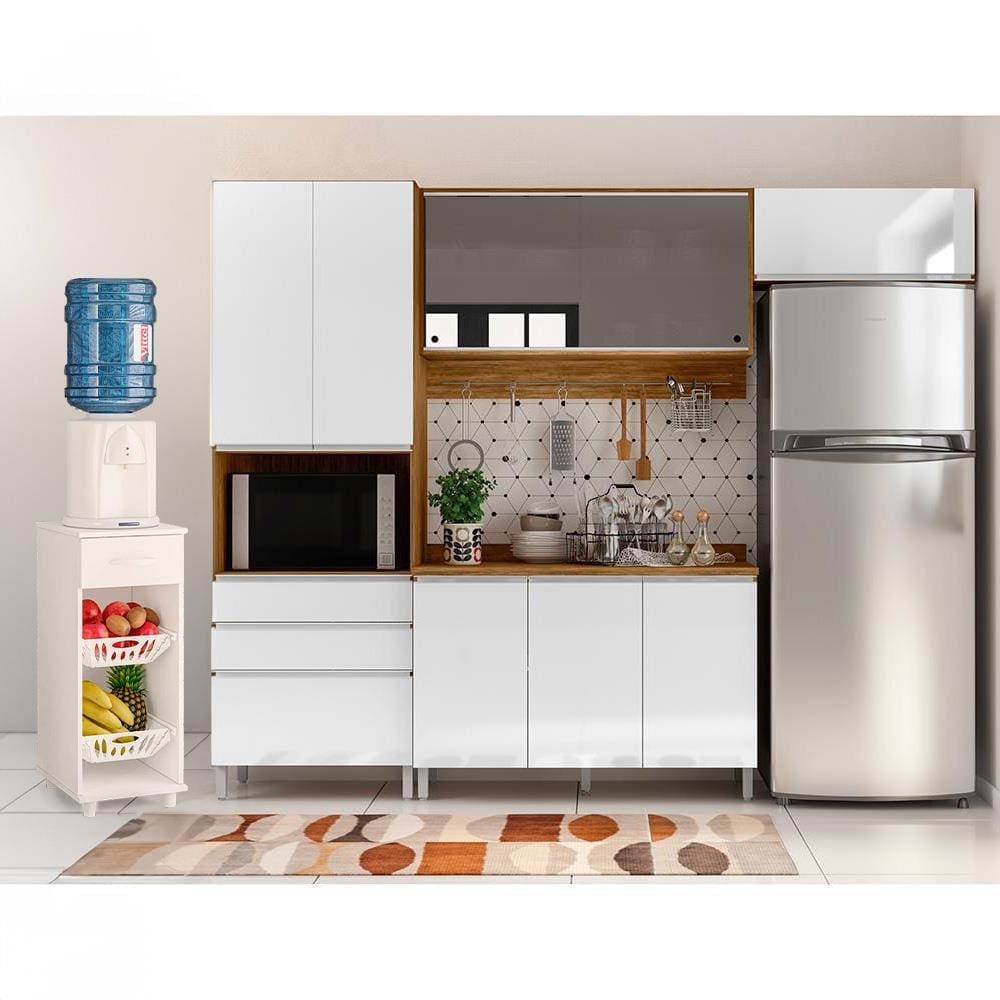 Cozinha Completa Bartira Amazonita com 8 Portas, 3 Gavetas e 6 Prateleiras - 271cm de largura + Fruteira Politorno Facility com 1 Gaveta e 2 Cestos