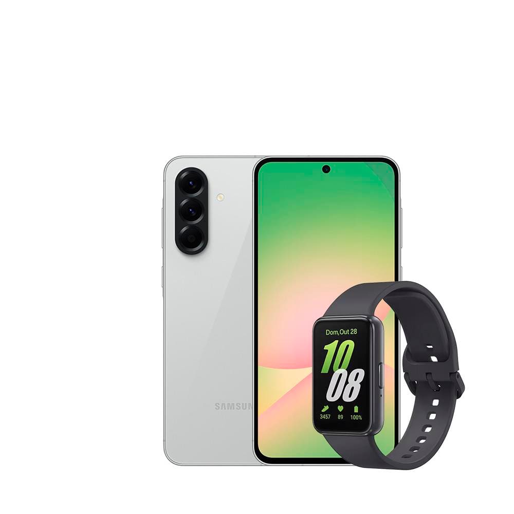 Smartphone Samsung Galaxy A56 5G Cinza 128GB, 8GB RAM, Câmera Tripla 50MP, Tela 6.7\", IP67, NFC e Recursos AI + Galaxy Fit3 Grafite Display de 1.6\"