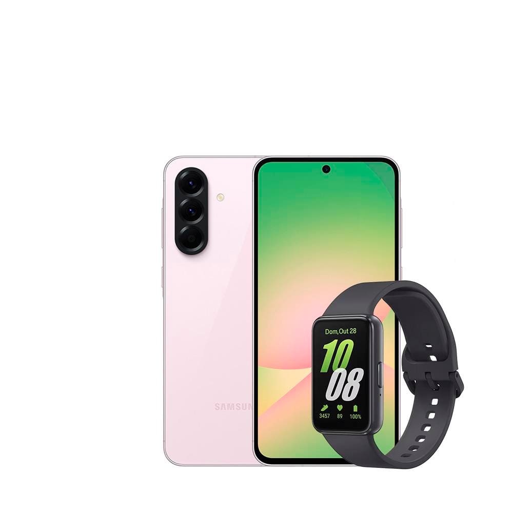 Smartphone Samsung Galaxy A56 5G Rosa 256GB, 8GB RAM, Câmera Tripla 50MP, Tela 6.7\", IP67, NFC e Recursos AI + Galaxy Fit3 Grafite Display de 1.6\"