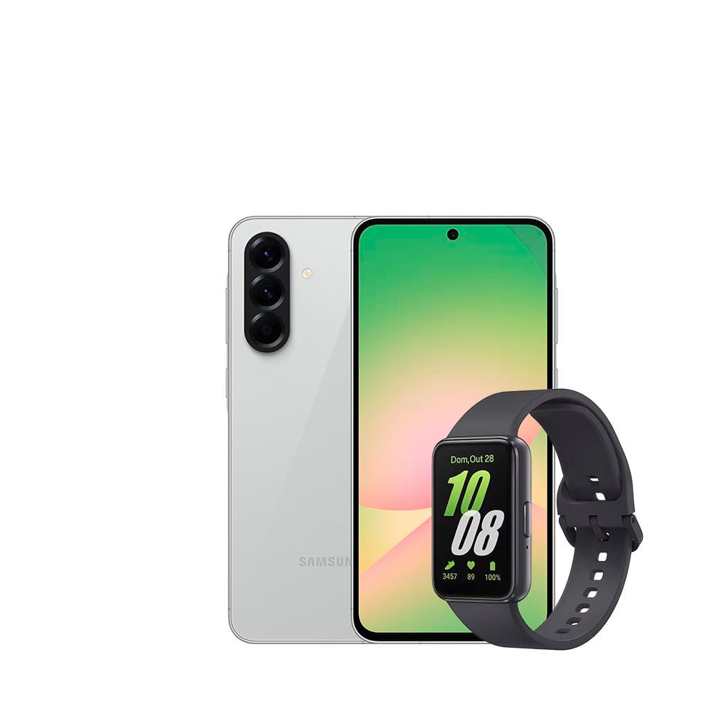 Smartphone Samsung Galaxy A56 5G Cinza 256GB, 8GB RAM, Câmera Tripla 50MP, Tela 6.7\", IP67, NFC e Recursos AI + Galaxy Fit3 Grafite Display de 1.6\"