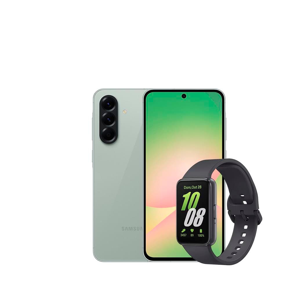 Smartphone Samsung Galaxy A56 5G Verde 256GB, 8GB RAM, Câmera Tripla 50MP, Tela 6.7", IP67, NFC e Recursos AI + Galaxy Fit3 Grafite Display de 1.6"