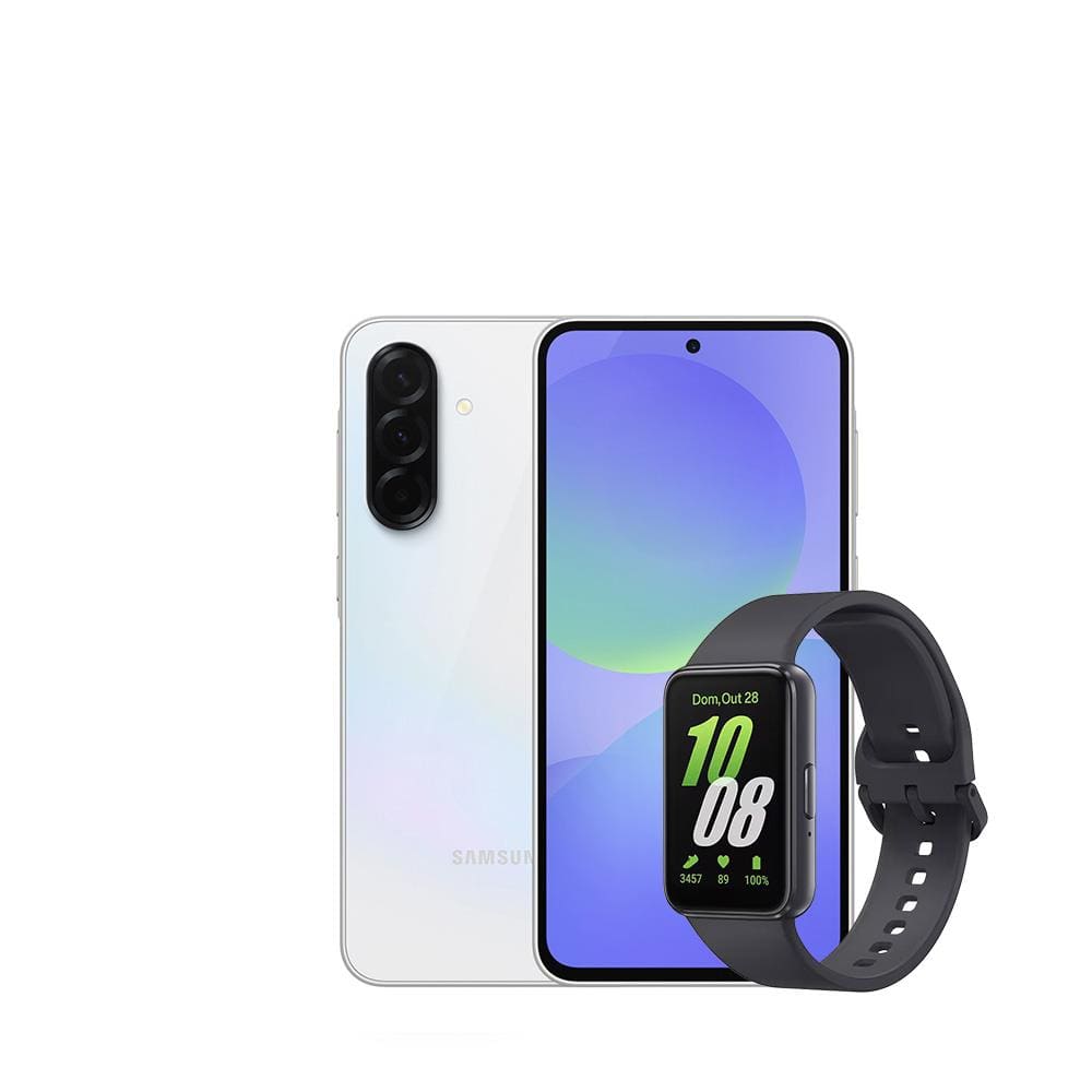 Smartphone Samsung Galaxy A36 5G Branco 256GB, 8GB RAM, Câmera Tripla até 50MP, Tela Super AMOLED 6.7\", IP67, NFC e Recursos AI + Galaxy Fit3 Grafite
