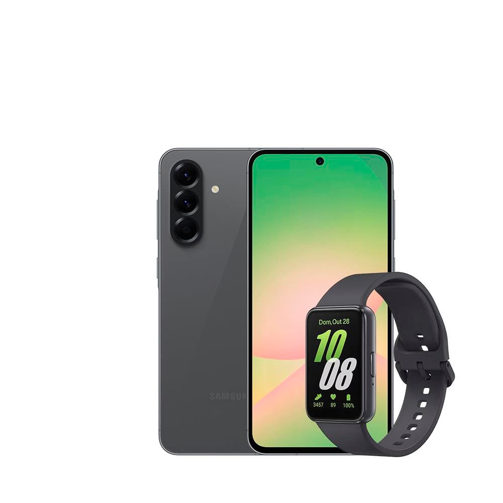 Smartphone Samsung Galaxy A56 5G Preto 128GB, 8GB RAM, Câmera Tripla 50MP, Tela 6.7\", IP67, NFC e Recursos AI + Galaxy Fit3 Grafite Display de 1.6\"