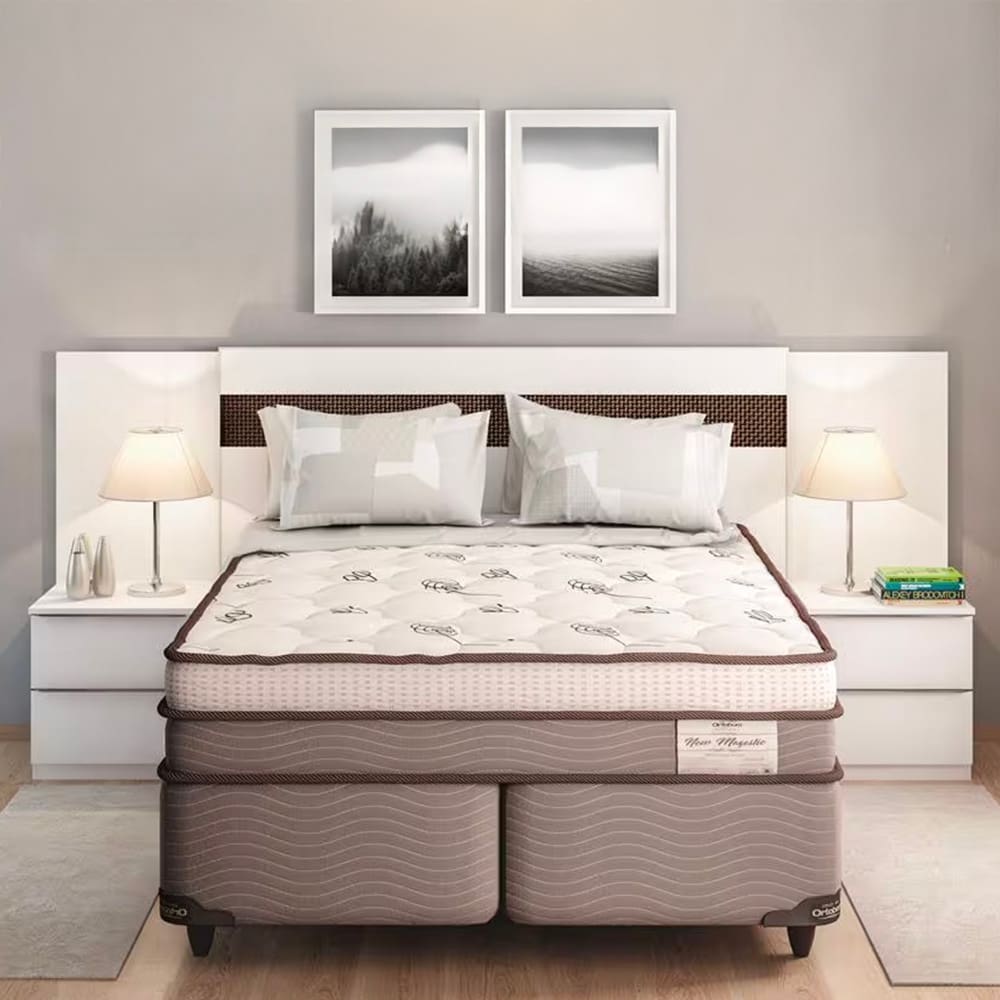 Cama Box Queen Size Ortobom New Magestic com Molas Ensacadas 68x158x198 cm - Marrom/Cinza