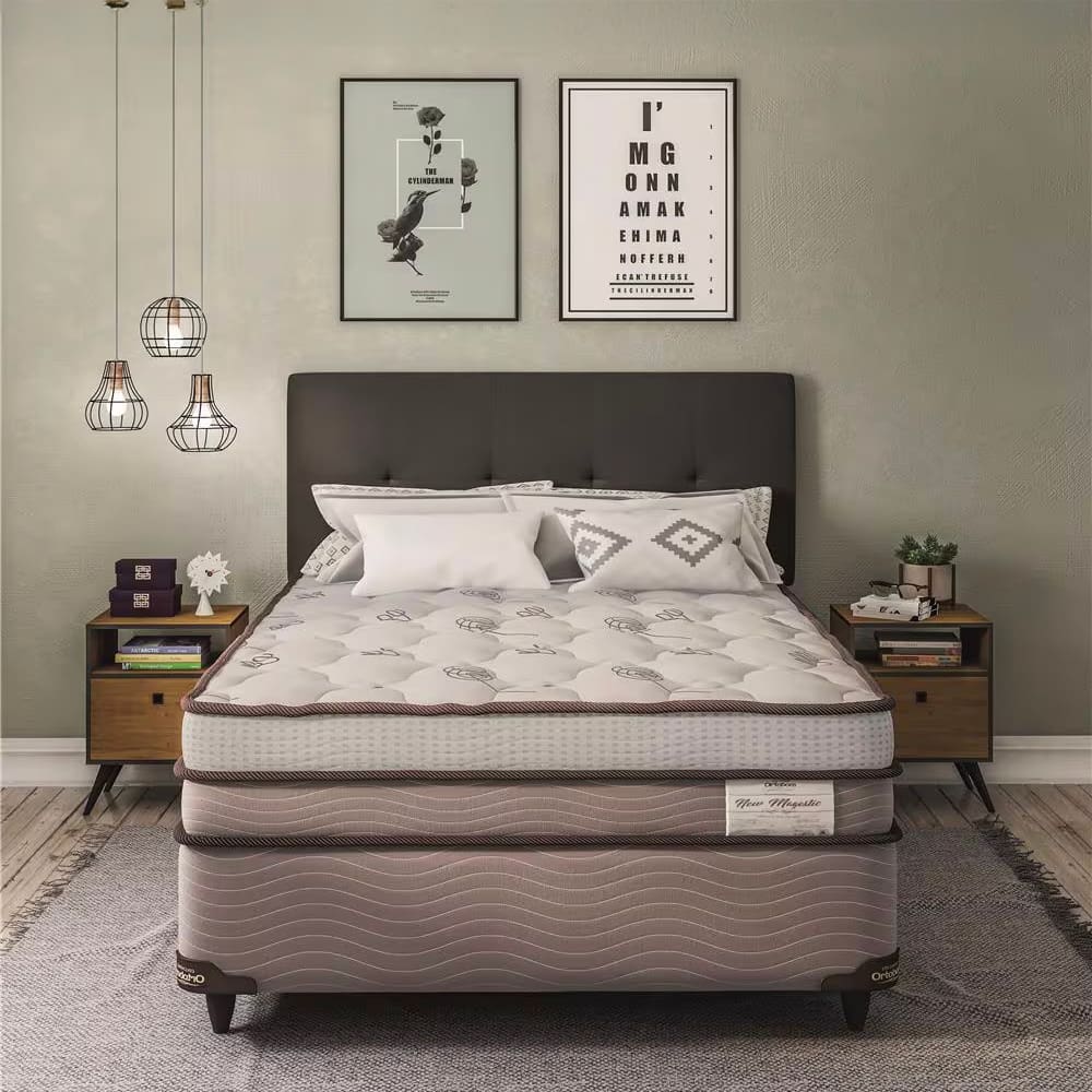 Cama Box de Casal Ortobom New Magestic com Molas Ensacadas 68x138x188 cm - Marrom/Cinza
