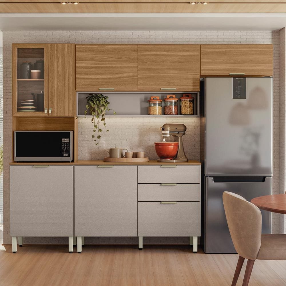 Cozinha Compacta Demóbile Aspen com Balcão, 8 Portas, 2 Gavetas e 3 Prateleiras – 250cm de largura